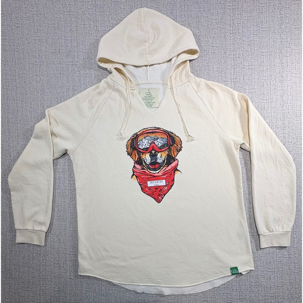 Wild Tribute Snowbird Utah Dog Graphic Hoodie Sweatshirt Cream XL Women